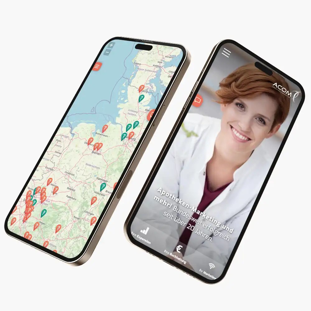 PS Midia – Beispiel Onlinemarketing: Abbildung zweier Smartphones mit Startseite und Landing Page für STandortsuche der Firma ACOM Consulting & Marketing.