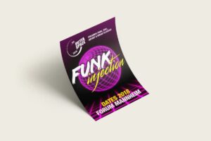 Flyer und Plakate für die mehrjährige Mannheimer Konzertreihe "Funk Injection" / Ephraim Giepen / Outta Space Crew / Forum Mannheim