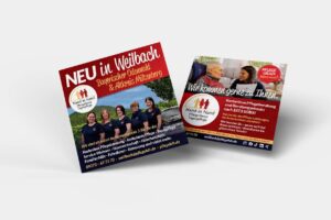Quadratischer Flyer für einen neuen Pflegedienst-Standort und das neue Team.