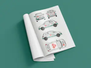 Fahrzeugbeklebung: Kozeption und Reinzeichnung für zahlreiche Apotheken – hier das "Pillentaxi" der Sanus Apotheke, Buchen.